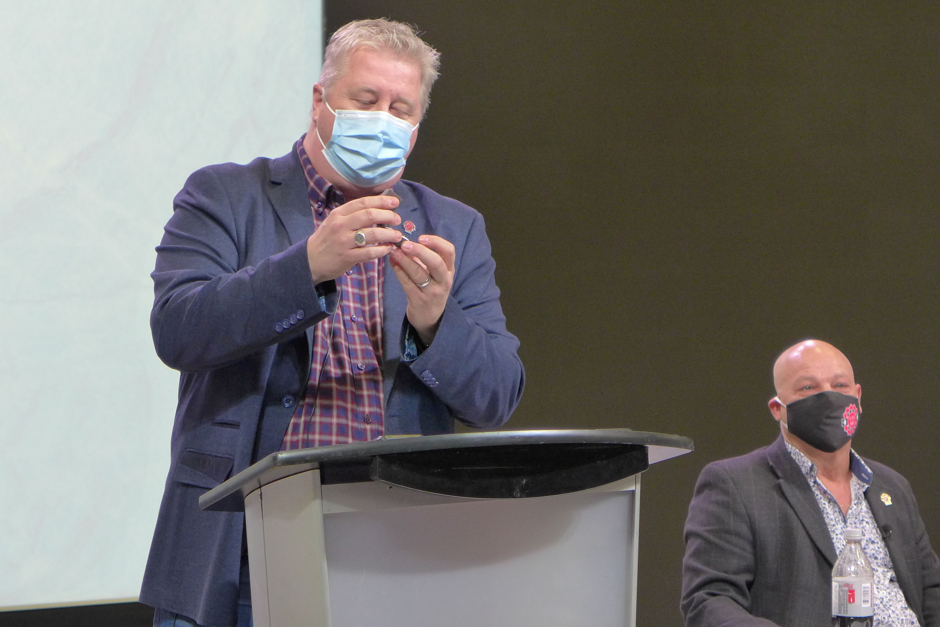 Marc Brière presenting Doug Gaetz with his 35 year pin