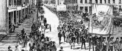 a sketch showing people in the street 1872 Toronto Printers' strike